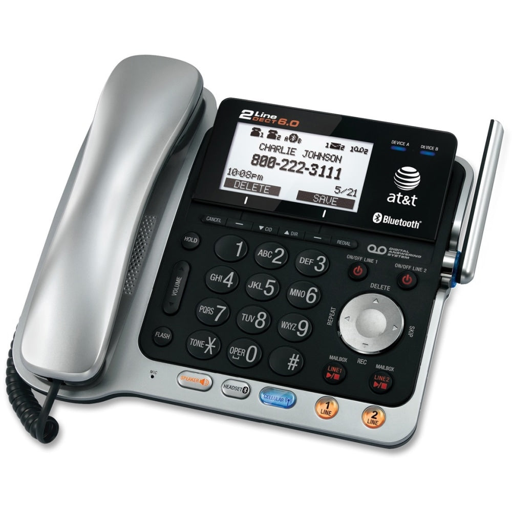 AT&T TL86109 DECT 6.0 Digital 2-Line Corded/Cordless Phone With Digital Answering System, Silver/Black