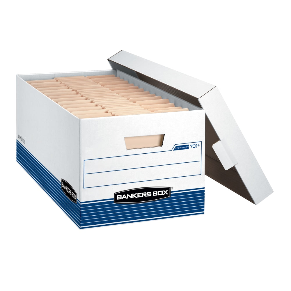 Bankers Box Stor/File Medium-Duty Storage Boxes With Locking Lift-Off Lids And Built-In Handles, Letter Size, 24in x 12in x 10in, 60% Recycled, White/Blue, Case Of 12