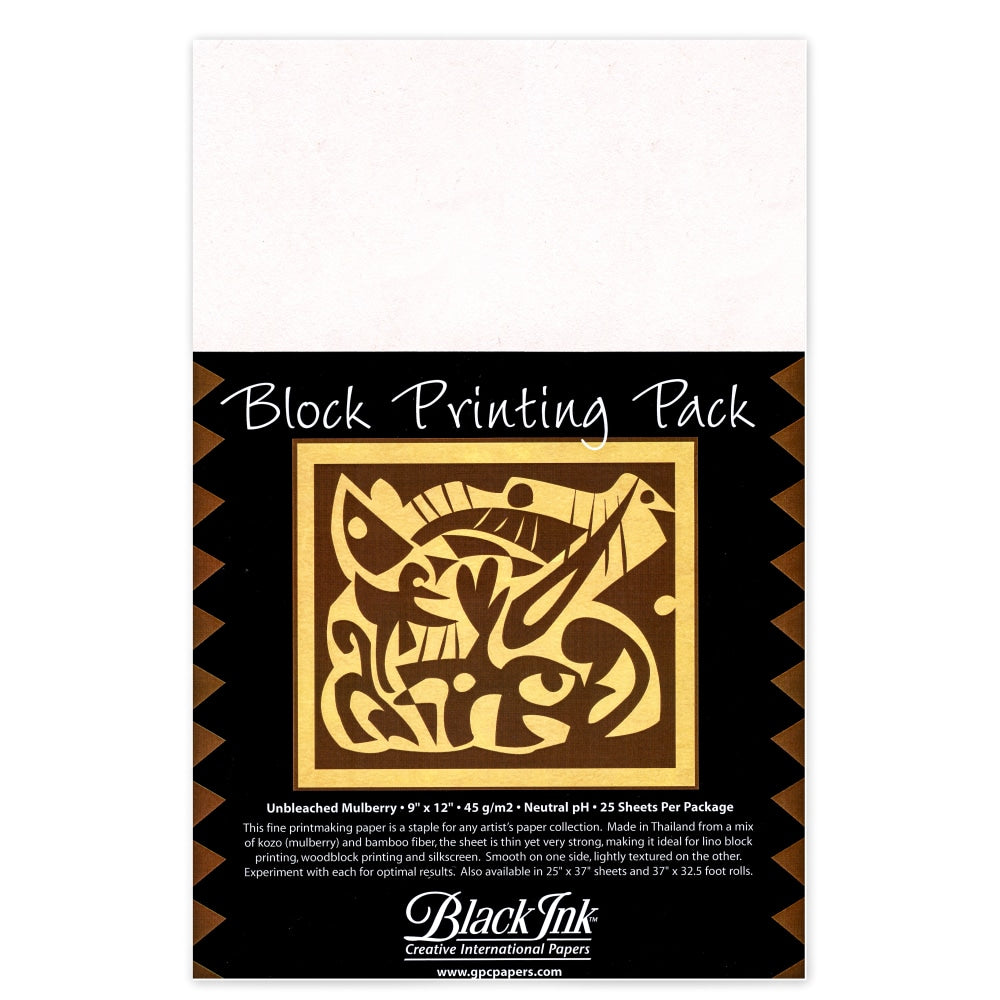 Black Ink Thai Mulberry Block Printing Paper, 9in x 12in, White, Unbleached, Pack Of 25 Sheets