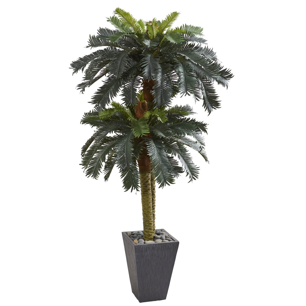 Nearly Natural Double Sago Palm 72inH Artificial Tree With Planter, 72inH x 34inW x 34inD, Green