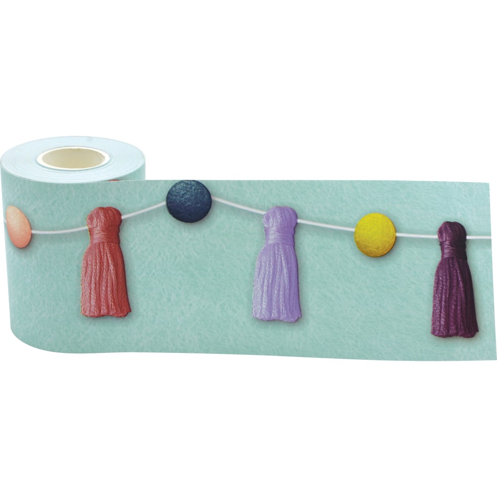 Teacher Created Resources Straight Rolled Border Trim, Oh Happy Day Pom-Poms And Tassels, 50' Per Roll, Pack Of 3 Rolls