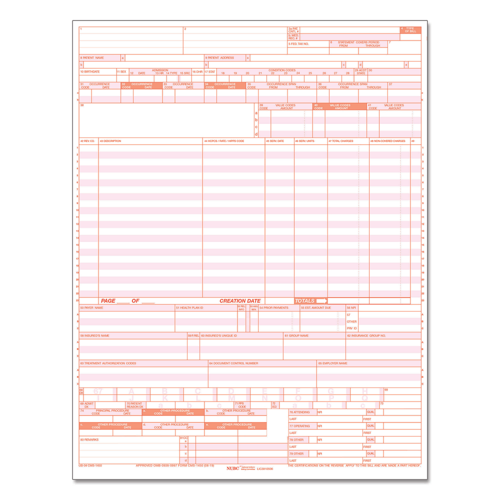 ComplyRight UB04 Hospital Claim Laser Cut Forms, 1-Part, Box Of 2,500