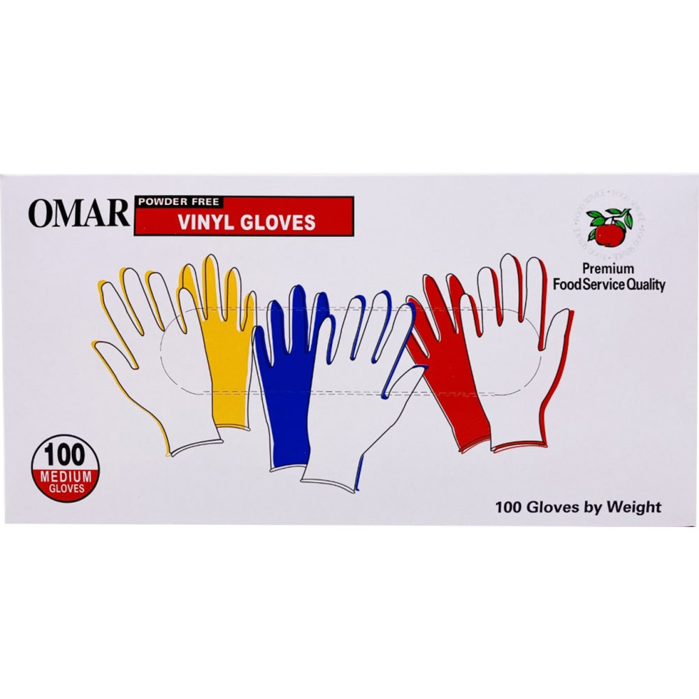 Omar Disposable Powder-Free Vinyl General-Purpose Gloves, Medium, Clear, 100 Gloves Per Box