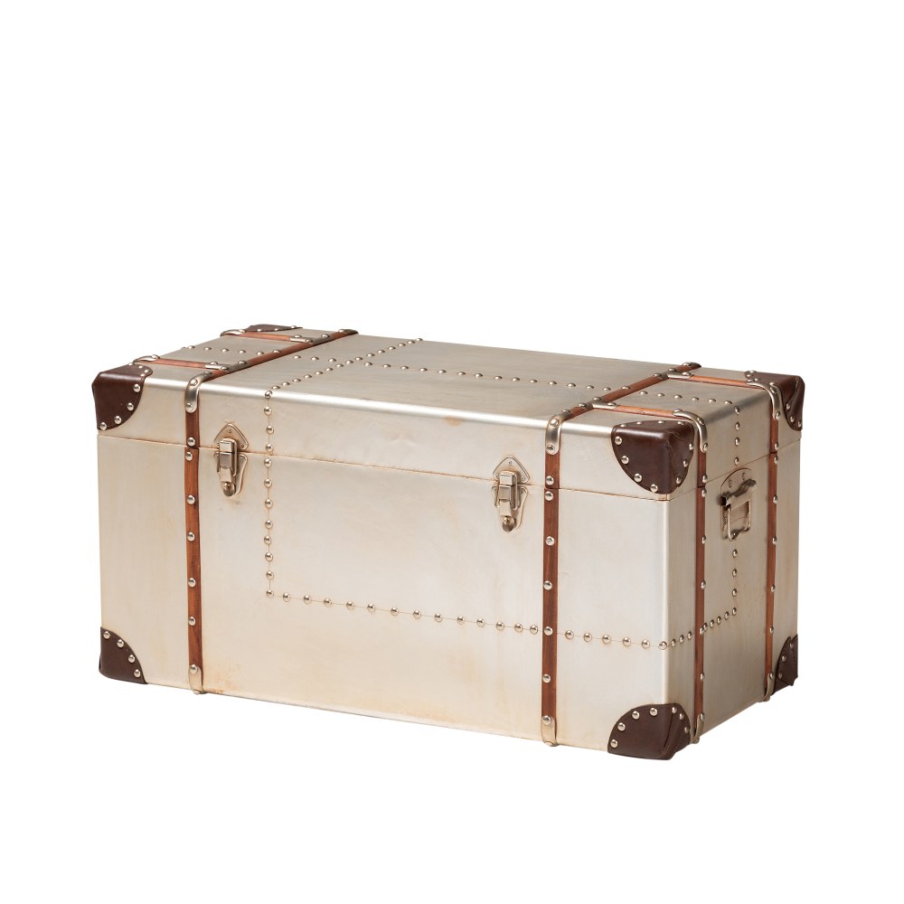 Baxton Studio French Industrial Storage Trunk, 15 3/4inH x 31 15/16inW x 15 3/4inD, Silver