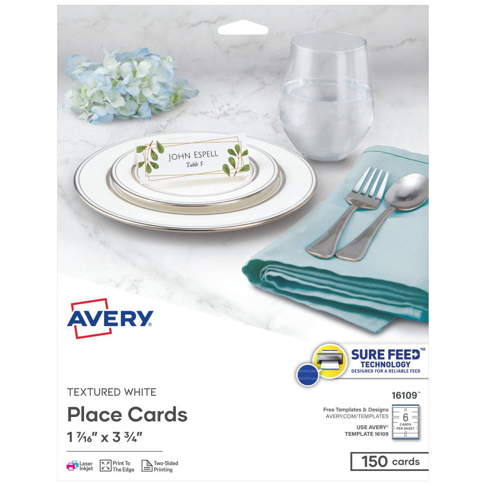 Avery Printable Blank Place Cards With Sure Feed, 1-7/16in x 3-3/4in, Textured White, 150 Customizable Tent Cards