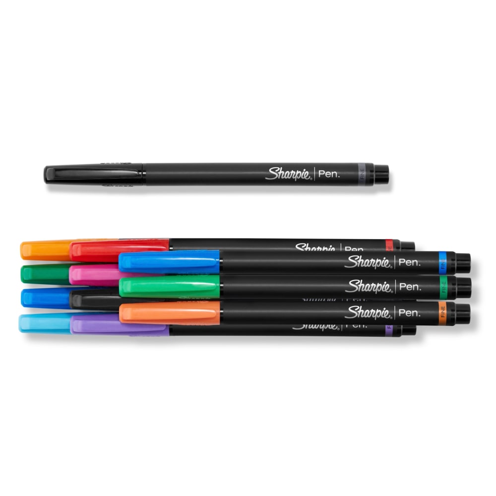 Sharpie Pens, Fine Point, 0.4 mm, Black Barrels, Assorted Ink Colors, Pack Of 12