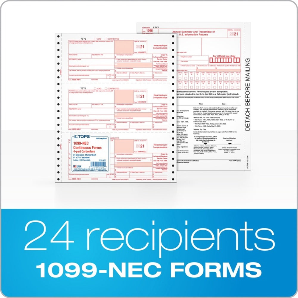 TOPS 4-part 1099-NEC Tax Forms - 4 Part - White - 24 / Pack