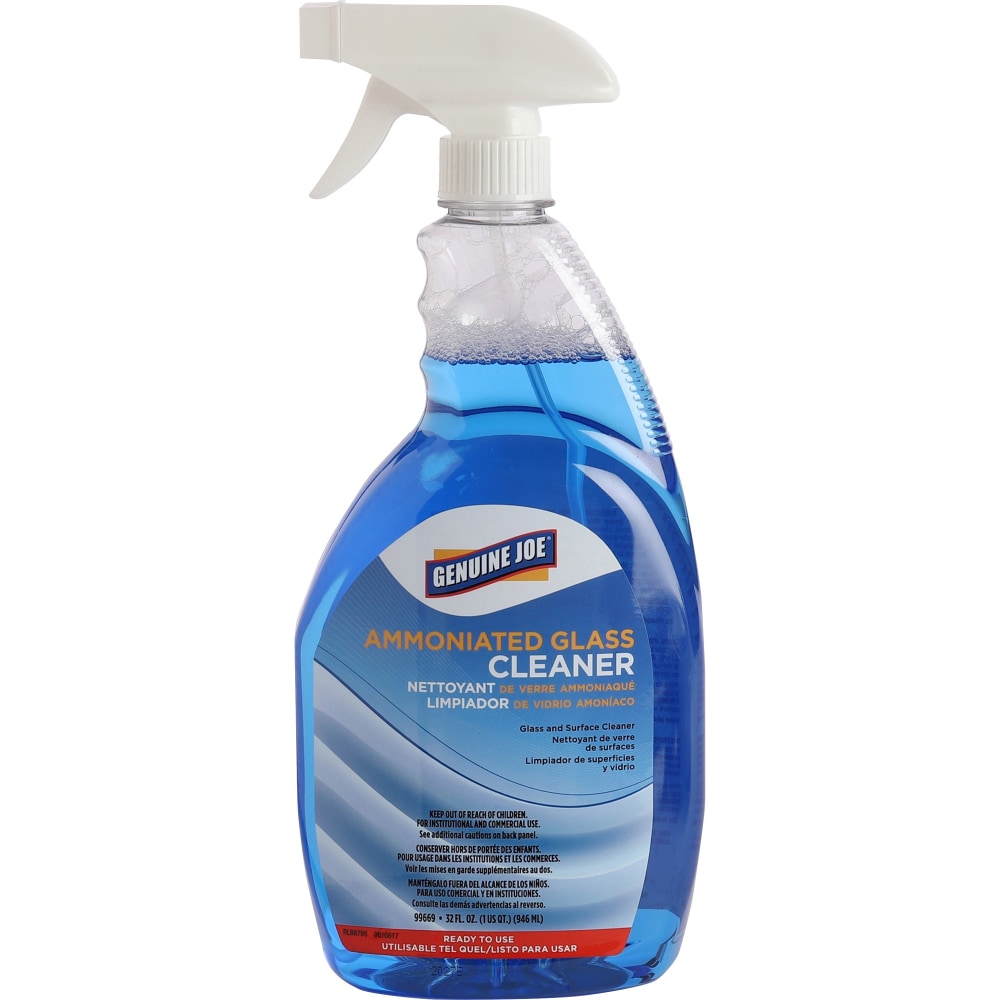 Genuine Joe Ammoniated Glass Cleaner - For Hard Surface - Ready-To-Use - 32 fl oz (1 quart) - 1 Each - Lint-free - Blue