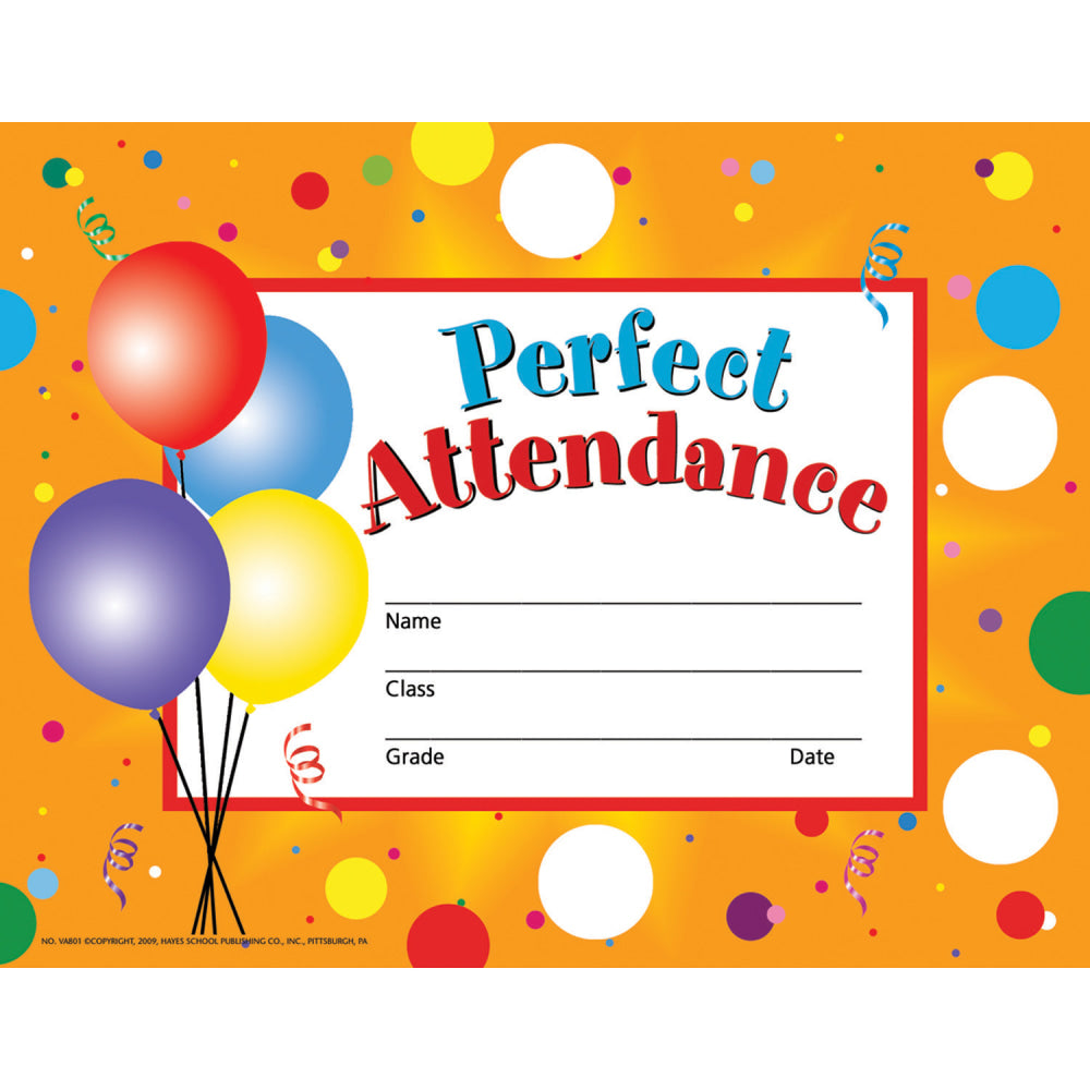 Hayes Certificates, 8-1/2in x 11in, Perfect Attendance & Reward Seals, 30 Certificates And 160 Seals Per Pack, Set Of 3 Packs