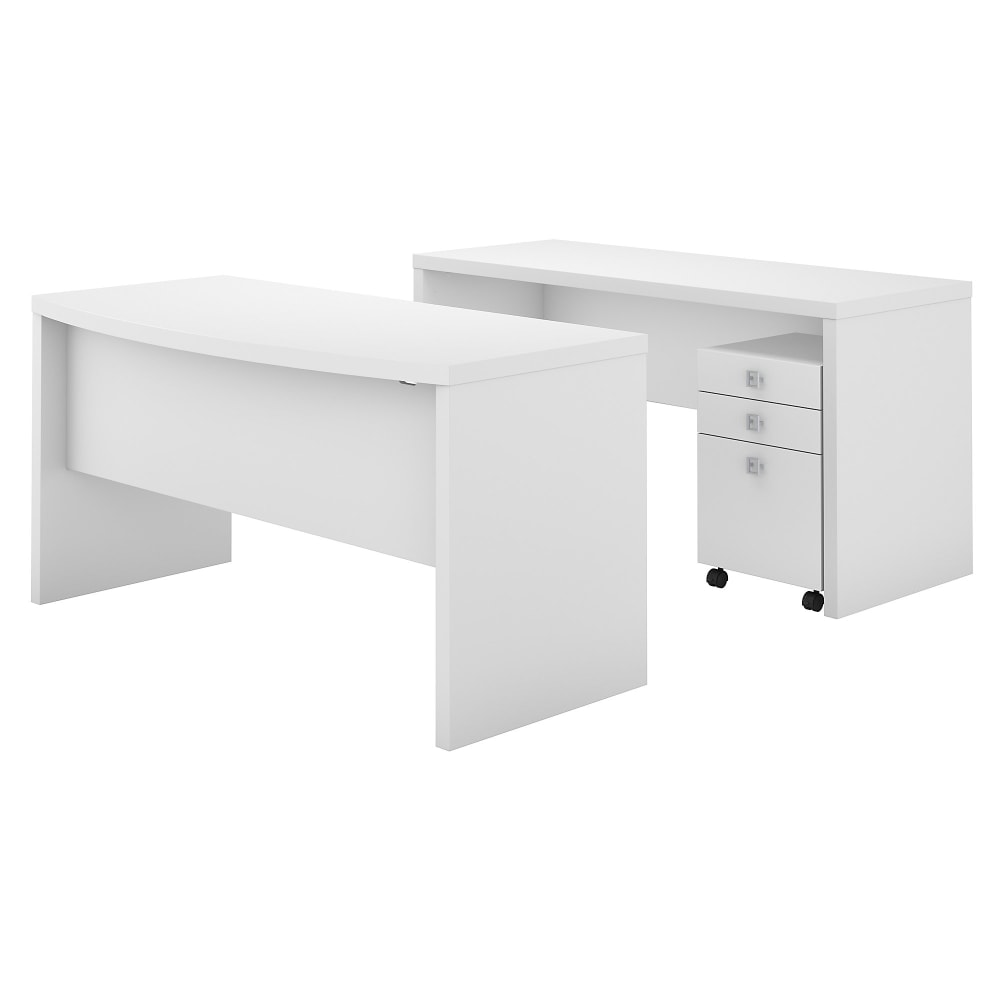 Bush Business Furniture Echo Bow-Front 60inW Computer Desk And Credenza With Mobile File Cabinet, Pure White, Standard Delivery