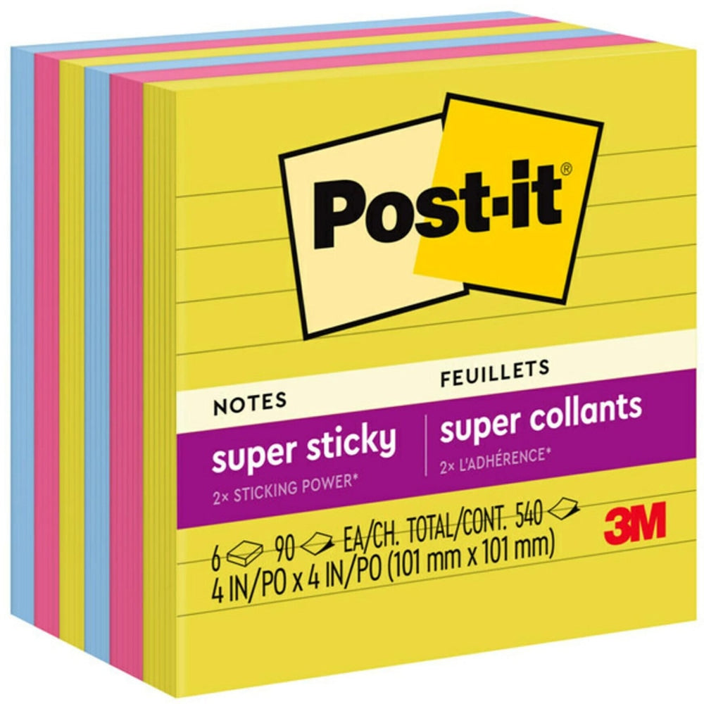 Post-it Super Sticky Notes, 4 in x 4 in, Lined, 6 pads, 90 sheets. Summer Joy Collection colors