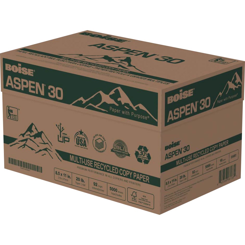 Boise ASPEN 30 Multi-Use Printer & Copy Paper, White, Letter (8.5in x 11in), 5000 Sheets Per Case, 20 Lb, 92 Brightness, 30% Recycled, FSC Certified, Case Of 10 Reams