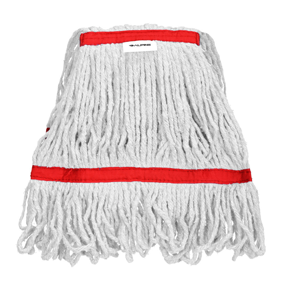 Alpine Industries Cotton Loop-End Mop Heads With 1in Head And Tail Bands, 16 Oz, White/Red, Set Of 12 Heads