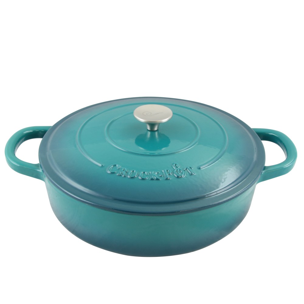 Crock-Pot Artisan Enameled Cast Iron Round Braiser Pan With Lid, 5 Qt, Teal Ombre