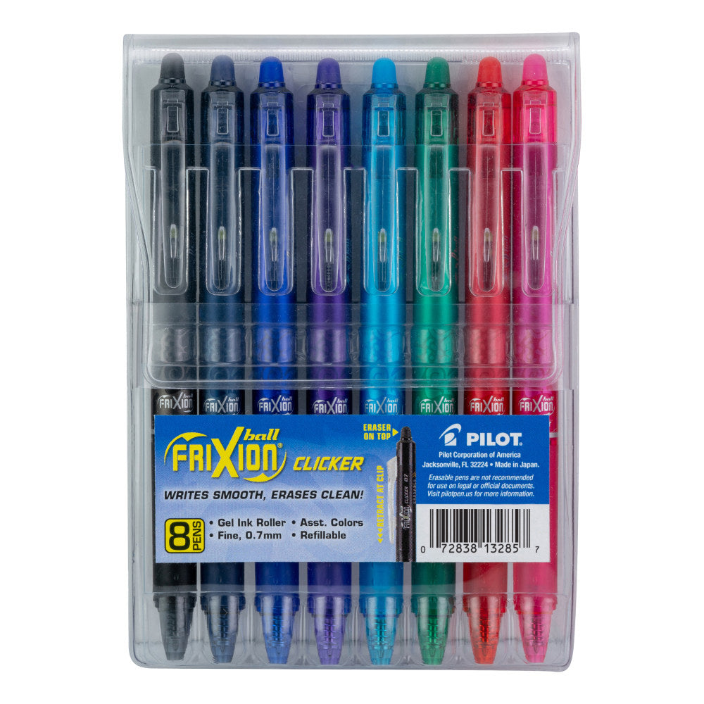 Pilot FriXion Clicker Ball Erasable Gel Pens, Fine Point, 0.7 mm, Assorted Barrel Colors, Assorted Ink Colors, Pack Of 8 Pens