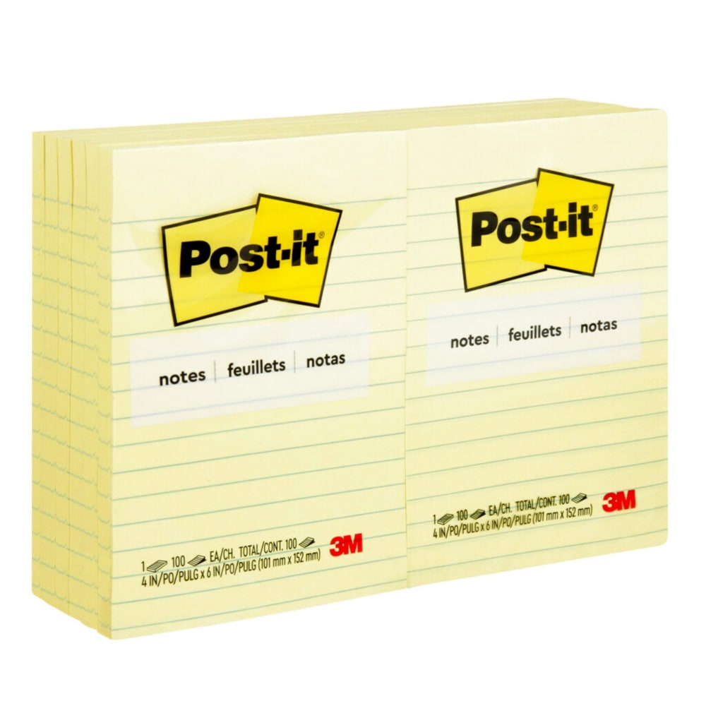 Post-it Notes, 4 in x 6 in, 12 Pads, 100 Sheets/Pad, Clean Removal, Canary Yellow, Lined