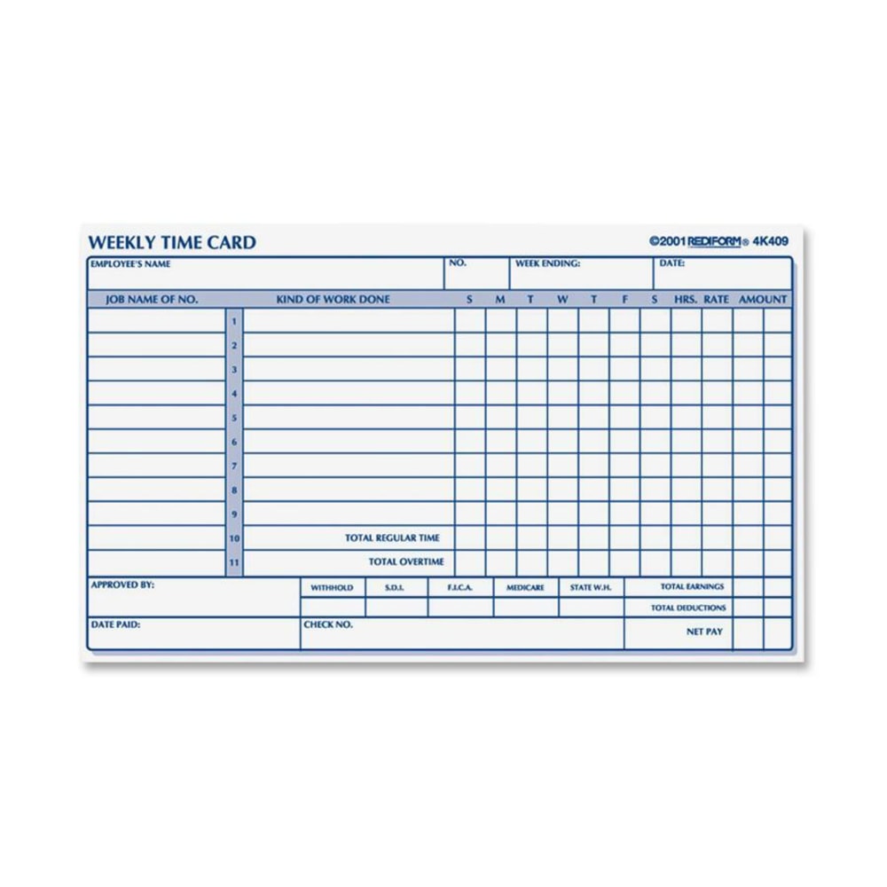 Rediform Weekly Time Clock Card Pad, 4.25in x 7in, Manila, Pad Of 100