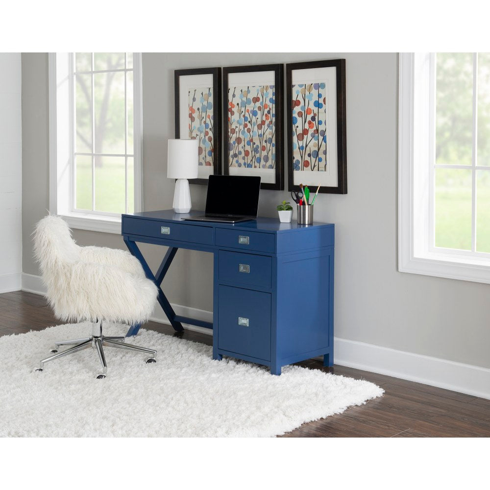 Linon Ari 48inW Home Office Writing Desk With Side Storage, Navy/Silver