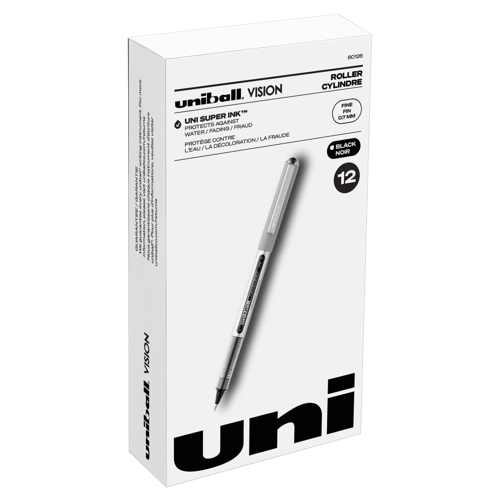 uni-ball Vision Rollerball Pens, Fine Point, 0.7 mm, Gray Barrel, Black Ink, Pack Of 12