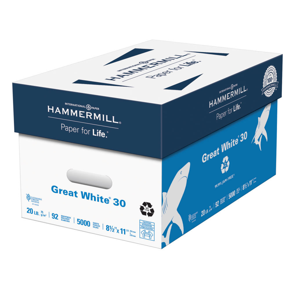 Hammermill Great White Copy Paper, White, Letter (8.5in x 11in), 5000 Sheets Per Case, 20 Lb, 92 Brightness, 30% Recycled, Case Of 10 Reams