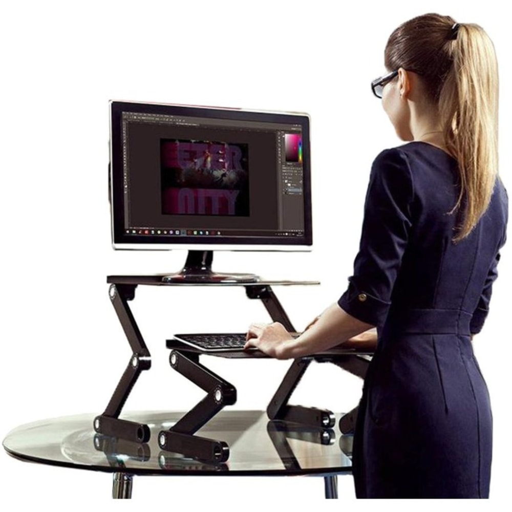 Uncaged Ergonomics WorkEZ Standing Desk laptop stand up desk converter - Raise screens to eye-level | type on an ergonomic keyboard tray