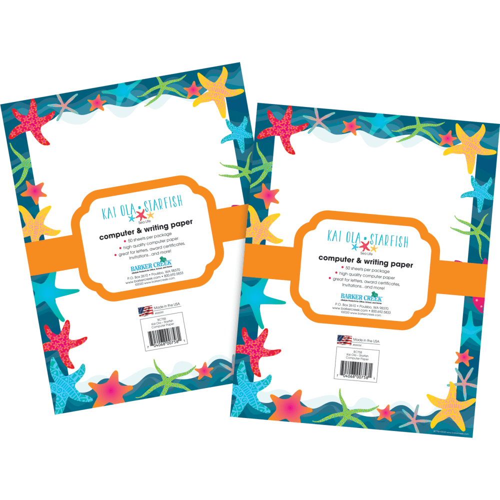 Barker Creek Designer Computer Paper, 8-1/2in x 11in, Kai Ola Starfish, 50 Sheets Per Pack, Set Of 2 Packs