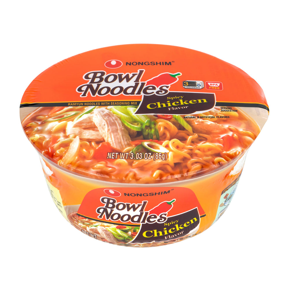 Nongshim Spicy Chicken Bowl Noodle Soup, 3.03 Oz, Box Of 12 Bowls