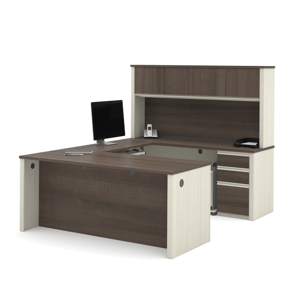 Bestar Prestige + 72inW U-Shaped Executive Computer Desk With 2 Pedestals And Hutch, White Chocolate/ Antigua