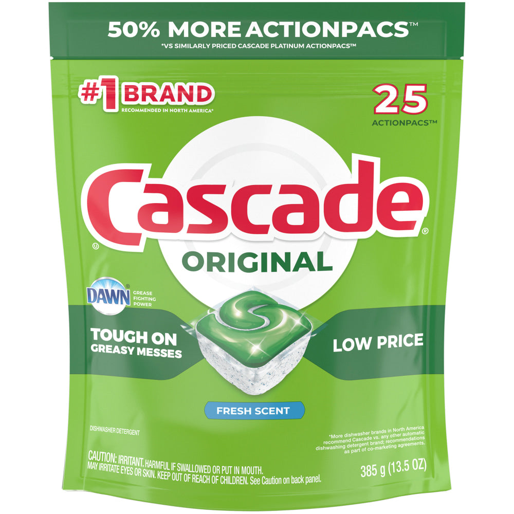 Cascade ActionPacs Dishwasher Detergent Pods, Fresh Scent, 25 Per Pack, Case Of 5 Packs