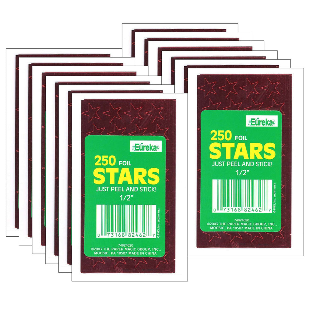 Eureka Presto-Stick Foil Star Stickers, 1/2in, Red, 250 Stickers Per Pack, Set Of 12 Packs