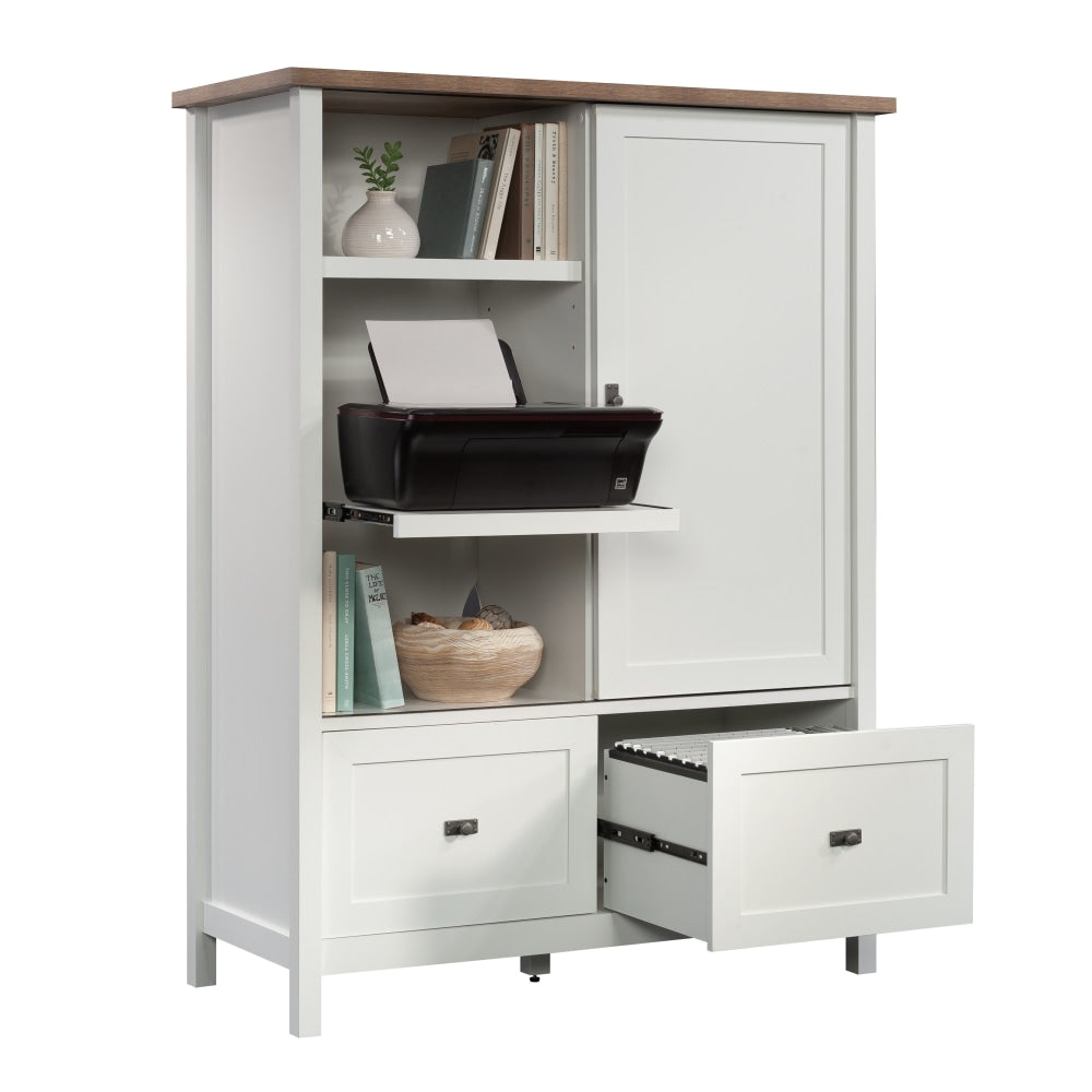 Sauder Cottage Road Computer Armoire Storage Cabinet With File Drawers, 56inH x 42-1/8inW x 18-5/8inD, White/Lintel Oak