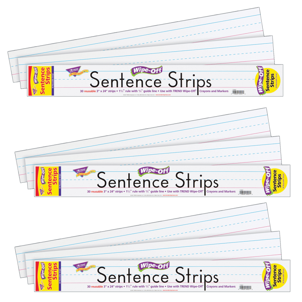 TREND Wipe-Off Sentence Strips, 3in x 24in, White, 30 Strips Per Pack, Set Of 3 Packs