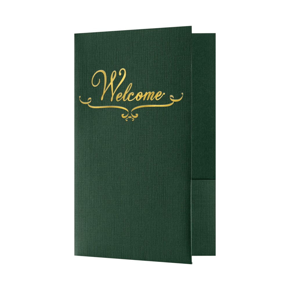 LUX Welcome Folders, 5 3/4in x 8 3/4in, Green Linen/Gold Foil, Pack Of 25 Folders