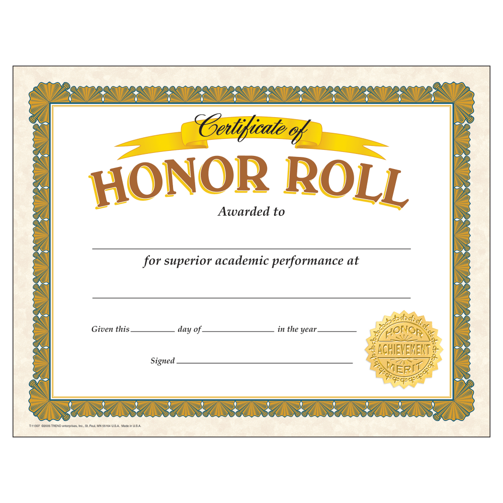 TREND Classic Certificates, 8-1/2in x 11in, Honor Roll, 30 Certificates Per Pack, Set Of 6 Packs