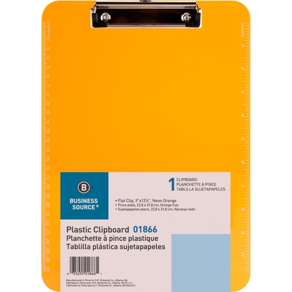 Business Source Flat Clip Clipboard - 9in x 12in - Plastic - Neon Orange - 6 / Bundle