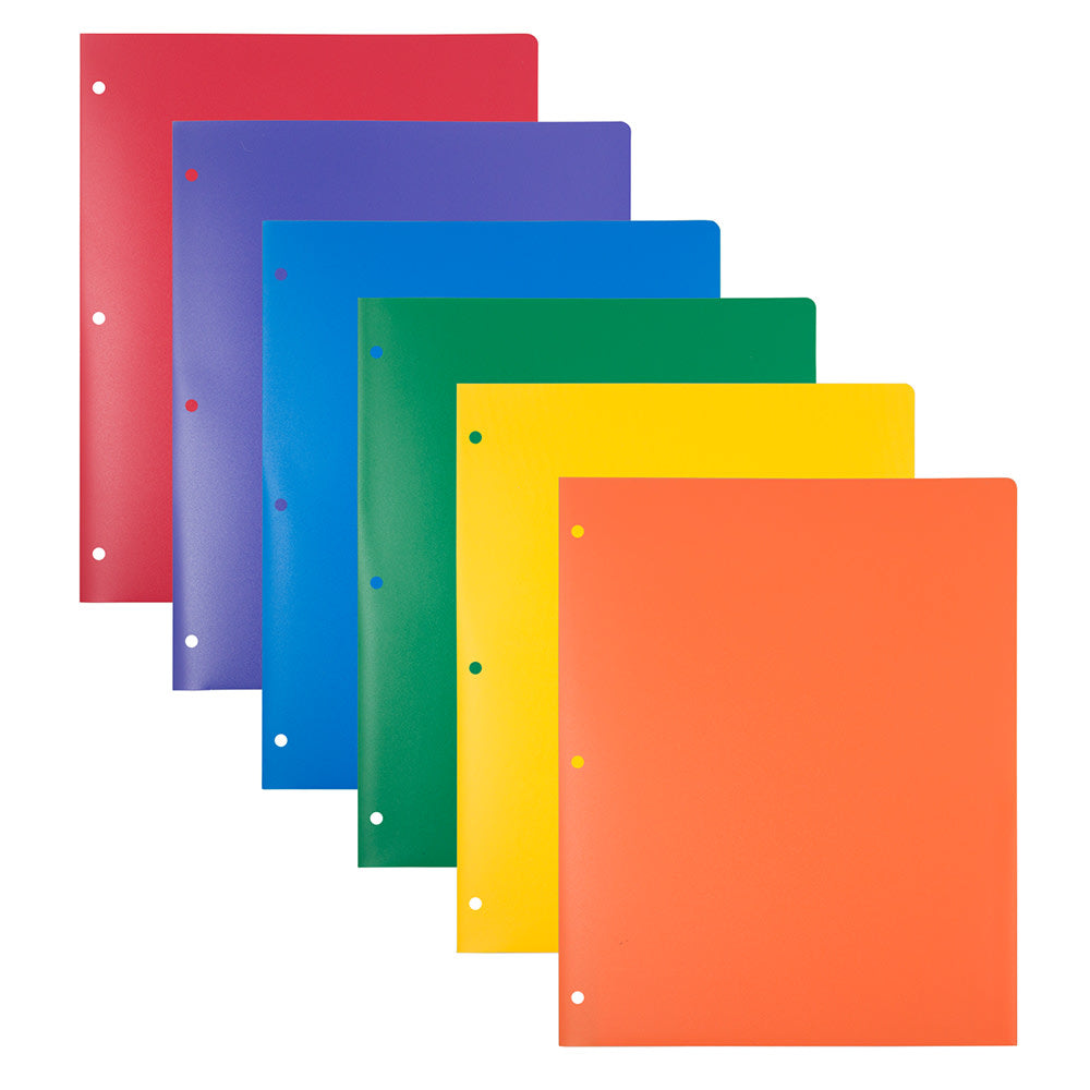 JAM Paper Heavy-Duty 3-Hole Punched Plastic Presentation Folders, 9-1/2in x 11-1/2in, Assorted Primary, Pack Of 6 Folders