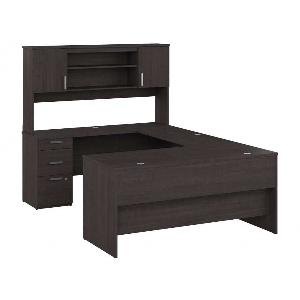 Bestar Ridgeley 65inW U-Shaped Computer Desk With Hutch, Charcoal Maple