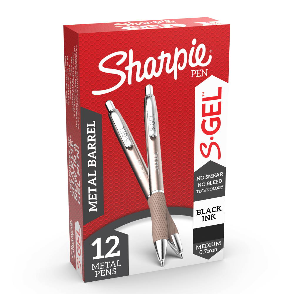 Sharpie S-Gel Pens, Medium Point, 0.7 mm, Red/Gold Barrel, Black Ink, Pack Of 12 Pens