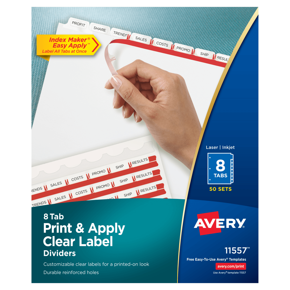 Avery Customizable Index Maker Dividers For 3 Ring Binder, Easy Print & Apply Clear Label Strip, 8 Tab, White, Pack Of 50 Sets