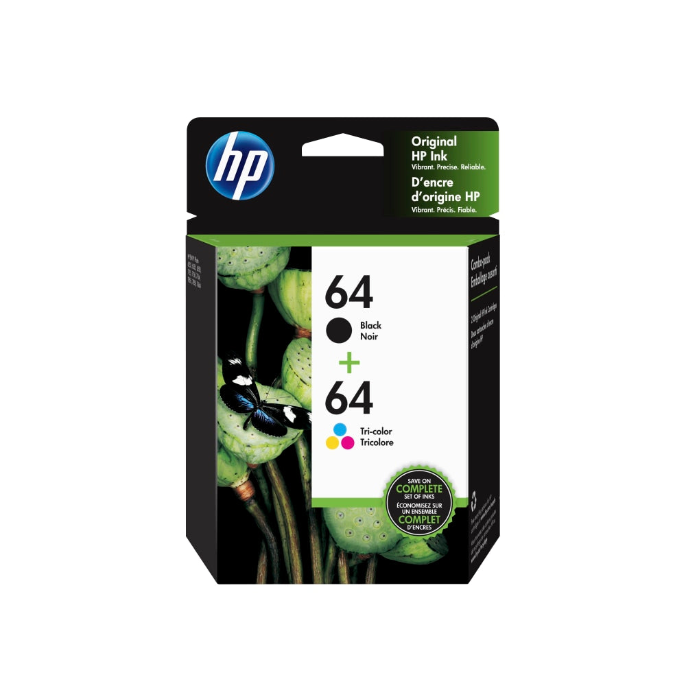 HP 64 Black And Tri-Color Ink Cartridges, Pack Of 2, X4D92AN