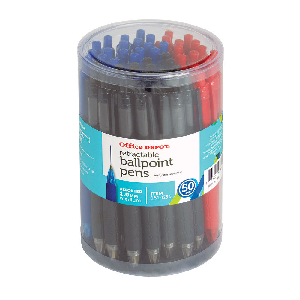 Office Depot Brand Retractable Ballpoint Pens With Grips, Medium Point, 1.0 mm, Black/Blue/Red Barrels, Black/Blue/Red Inks, Pack Of 50 Pens