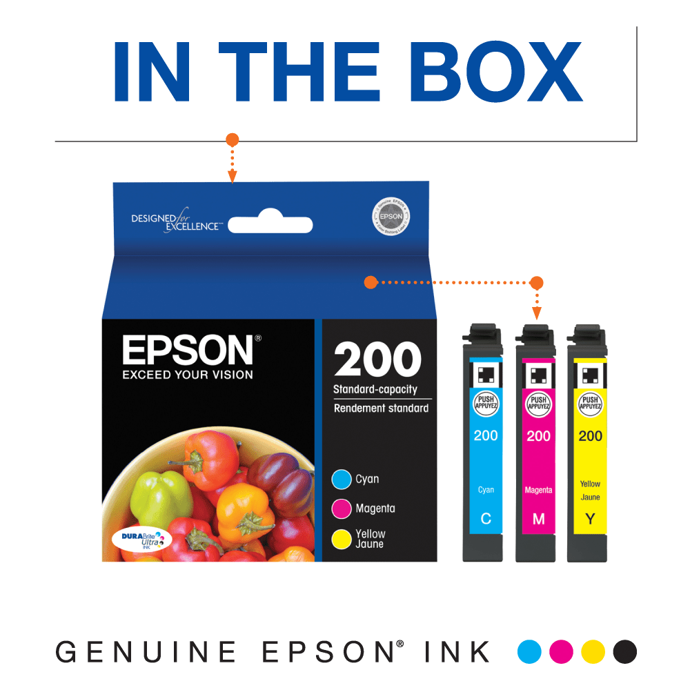 Epson 200 DuraBrite Ultra Cyan, Magenta, Yellow Ink Cartridges, Pack Of 3, T200520