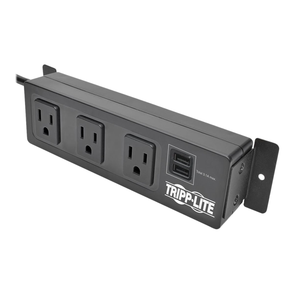 Tripp Lite Protect It! 3-Outlet Surge Protector with Mounting Brackets, 10 ft. Cord, 510 Joules, 2 USB Charging Ports, Black Housing - Surge protector - 15 A - AC 120 V - output connectors: 3 - 10 ft cord - black