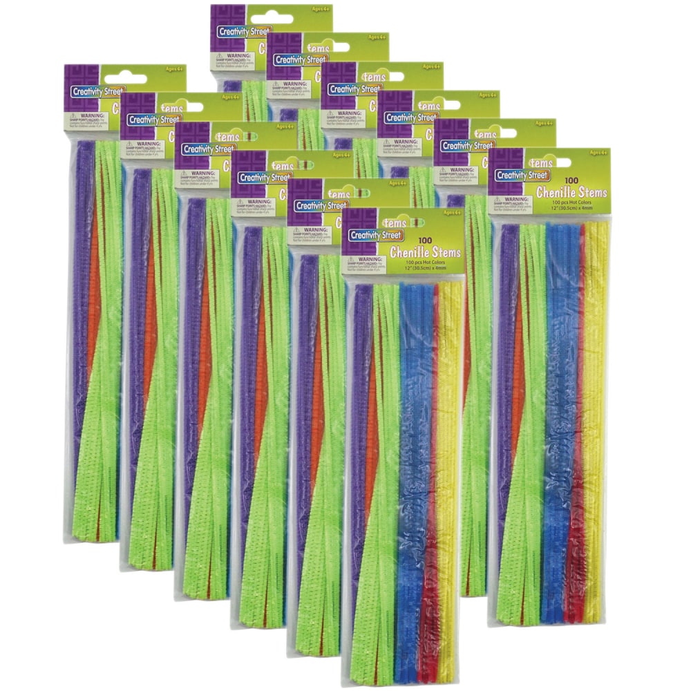 Creativity Street Regular Stems, 12in, Assorted Hot Colors, 100 Stems Per Pack, Set Of 12 Packs