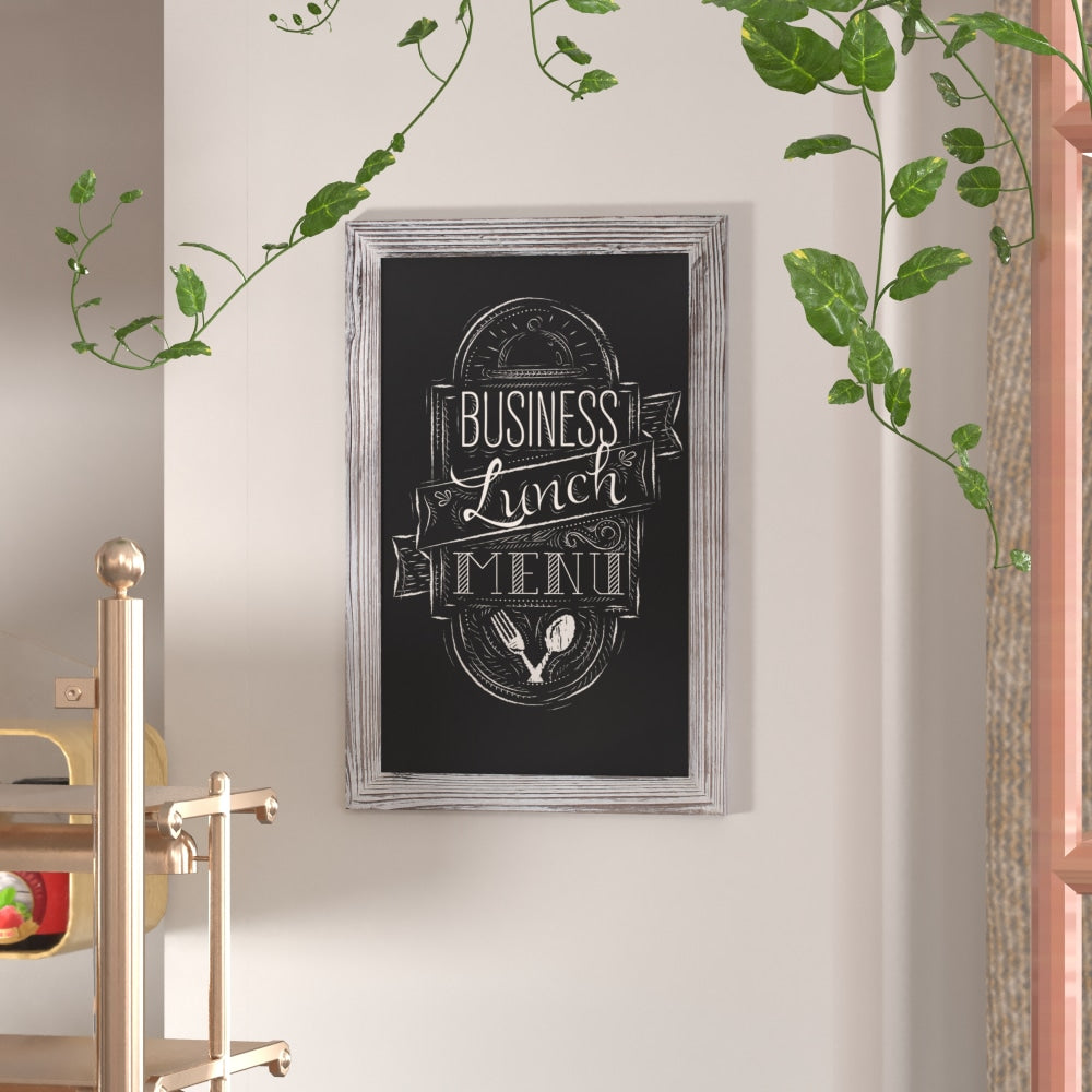 Flash Furniture Canterbury Wall-Mounted Magnetic Chalkboard Sign With Eraser, Porcelain Steel, 30inH x 20inW x 3/4inD, White Washed Frame