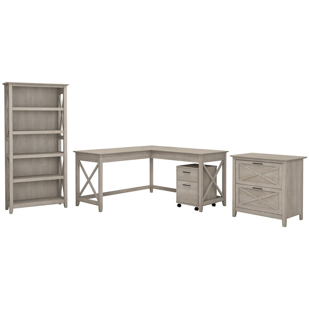 Bush Business Furniture Key West 60inW L-Shaped Corner Desk With File Cabinets And 5 Shelf Bookcase, Washed Gray, Standard Delivery