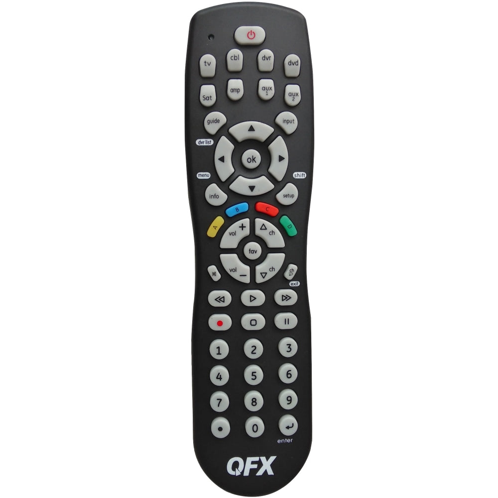 QFX 8-in-1 Universal Remote with Glow-in-the-Dark Buttons - For TV, DVD Player, VCR, VCD Player, CD Player, Audio Receiver, Cable Box, DVR, Satellite Box - Infrared - Black