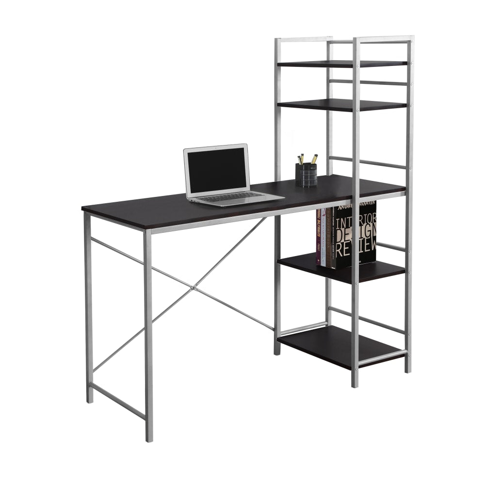 Monarch Specialties 48inW Metal Computer Desk With Bookcase, Cappuccino/Silver