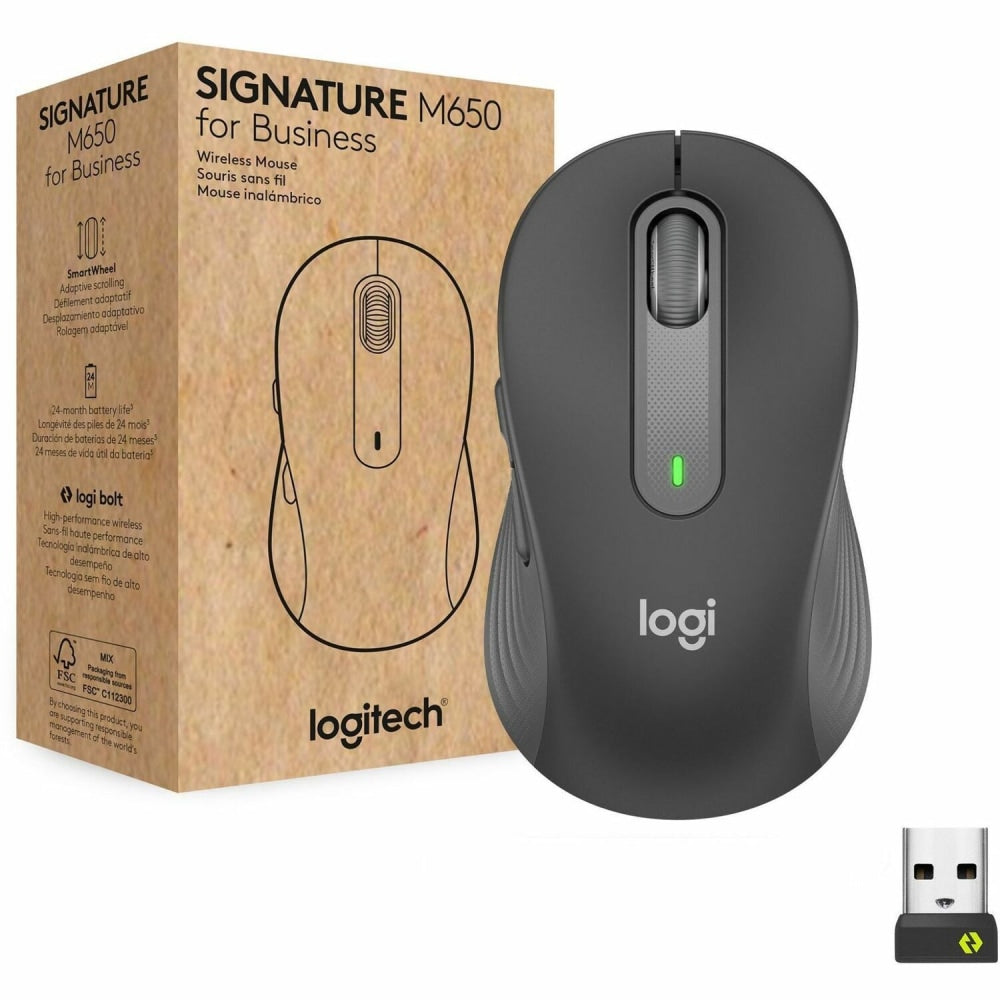 Logitech Signature M650 for Business (Graphite) - Brown Box - Wireless - Bluetooth/Radio Frequency - Graphite - USB - 4000 dpi - Scroll Wheel - Medium Hand/Palm Size - Right-handed