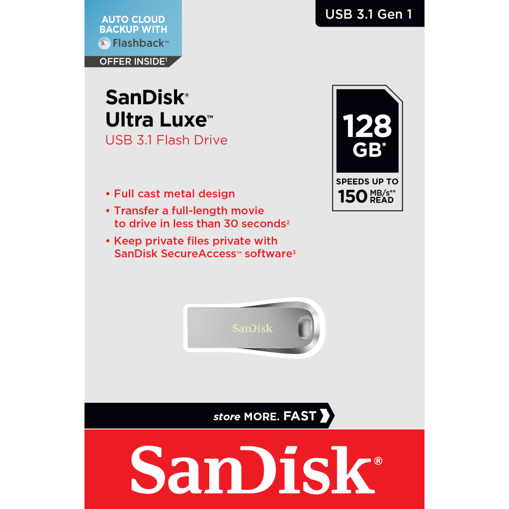 SanDisk Ultra Luxe USB 3.1 Flash Drive, 128GB, Silver Metal